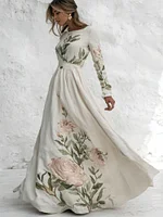 Women's Floral Printed Art Long Sleeve Maxi Dress