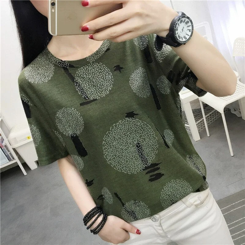 Summer T-shirts Women Short Sleeve Tees Striped Leisure Chic Womens O-neck Large Size 2XL Loose Korean Style Ins Breathable Slim