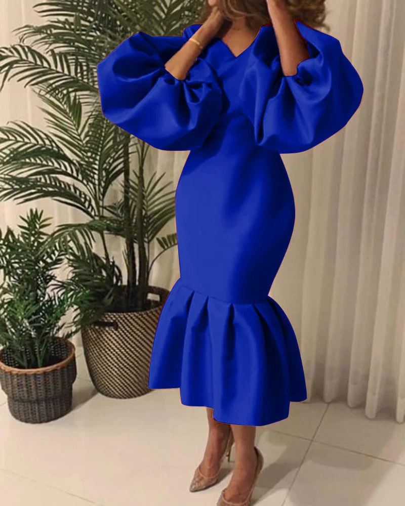 Uveng Commute Plus Size Women's Fashion Solid Color V-neck Bubble Long Sleeve Fishtail Dress