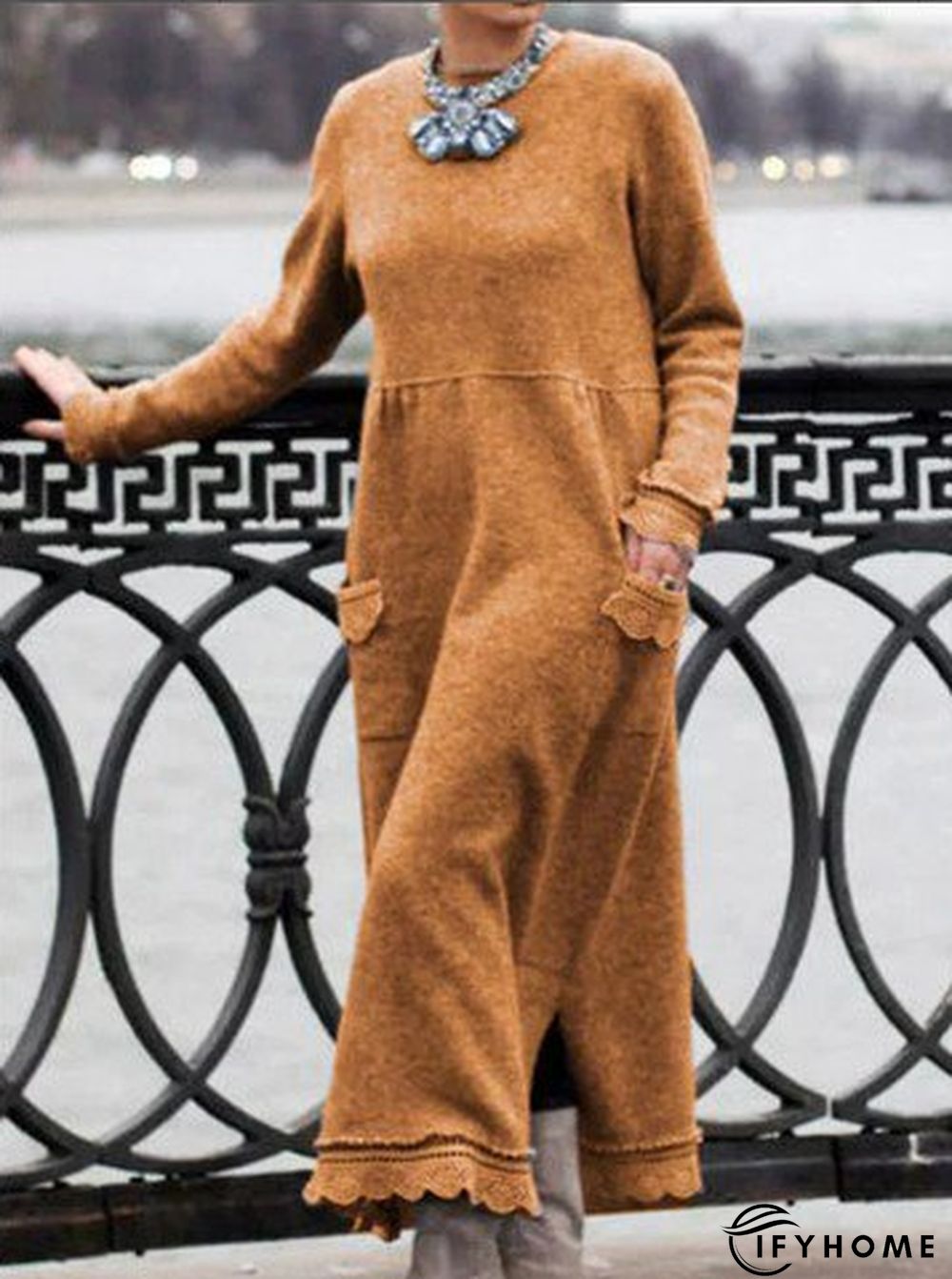 Plain Cotton Long Sleeve Dress | IFYHOME