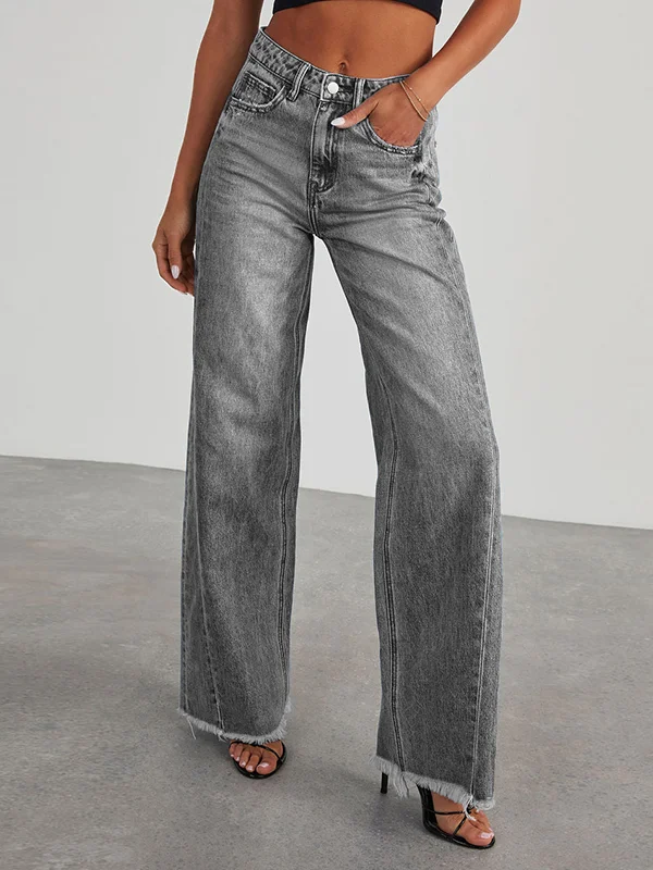 Split-Joint Tasseled High Waisted Wide Leg Jean Pants Bottoms