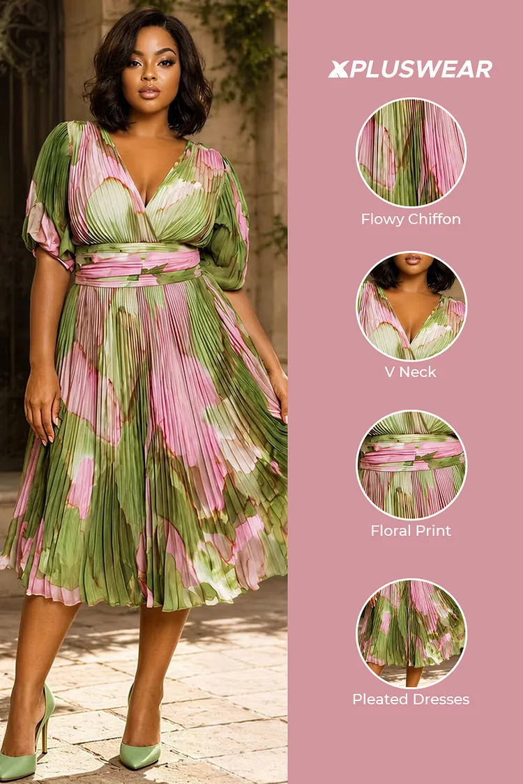 Xpluswear Design Plus Size Wedding Guest Green Gradient V Neck