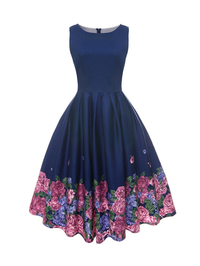 Vintage Floral Dress Pleated O-Neck Sleeveless Midi Dress