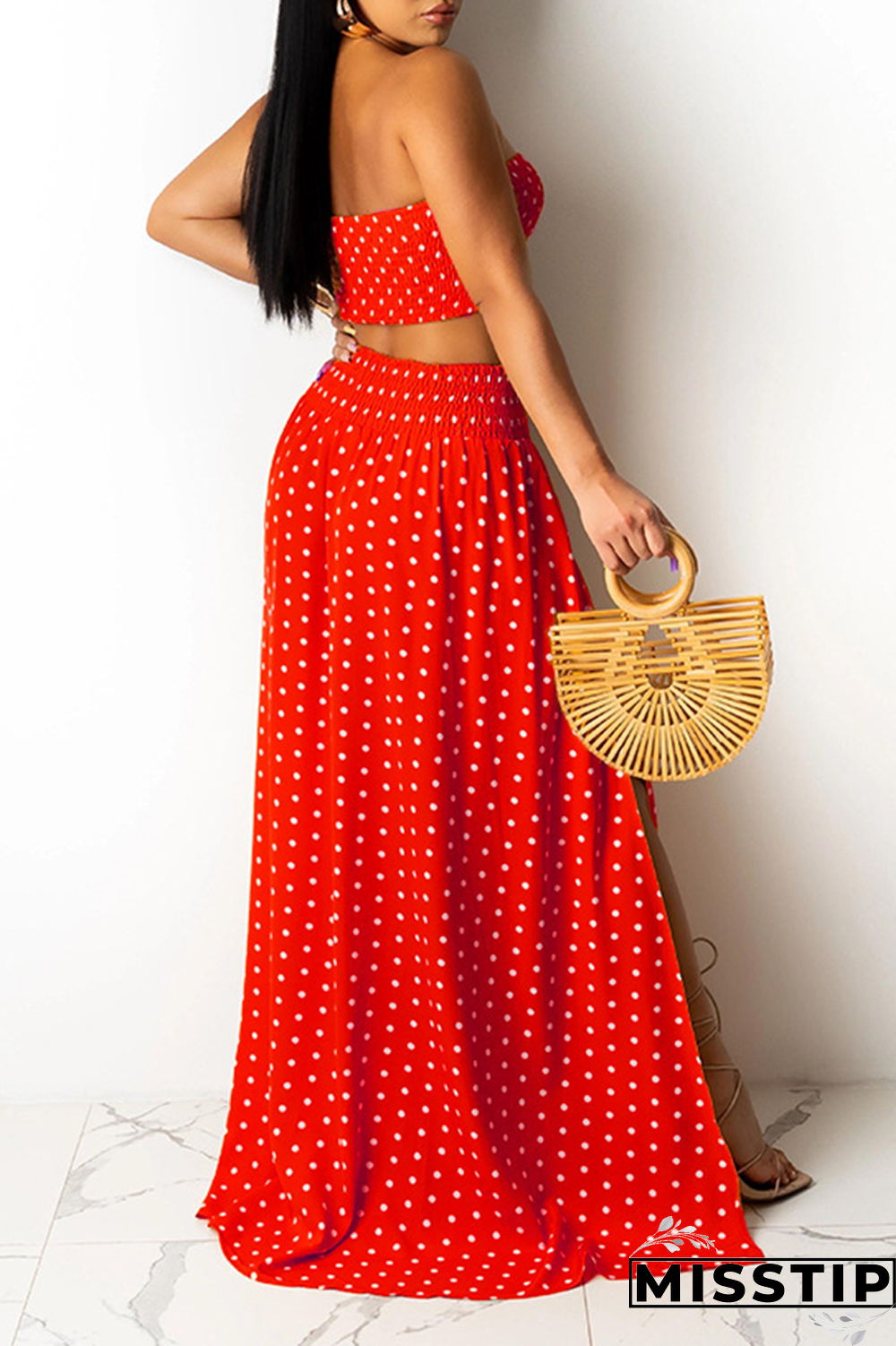 Yellow Sexy Dot High Opening Strapless Sleeveless Two Pieces