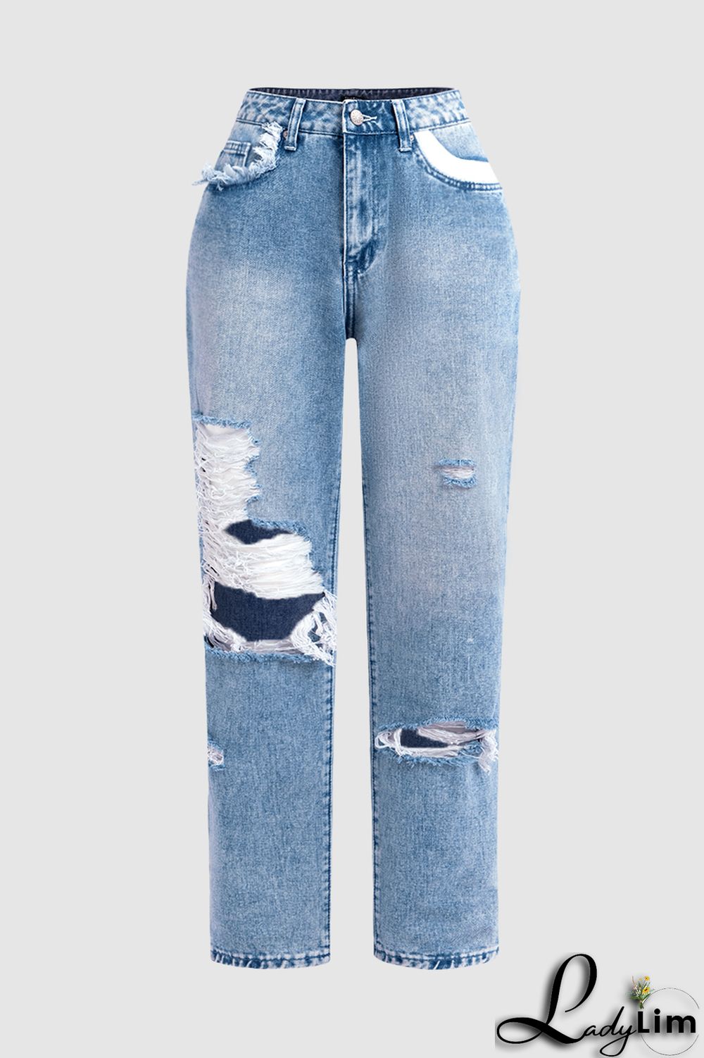 Ripped Low Waist Slant Pocket Straight Leg Jeans