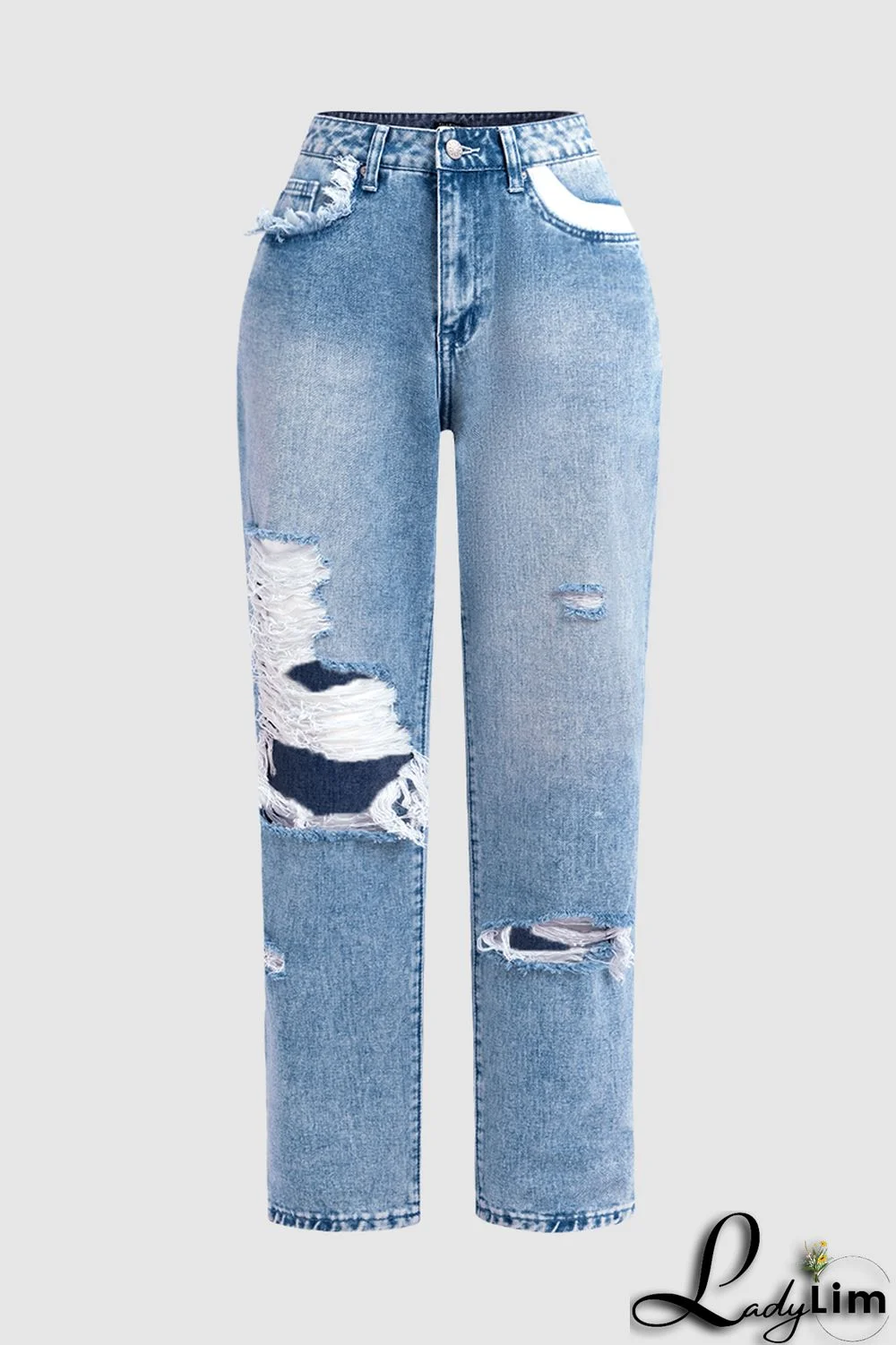 Ripped Low Waist Slant Pocket Straight Leg Jeans
