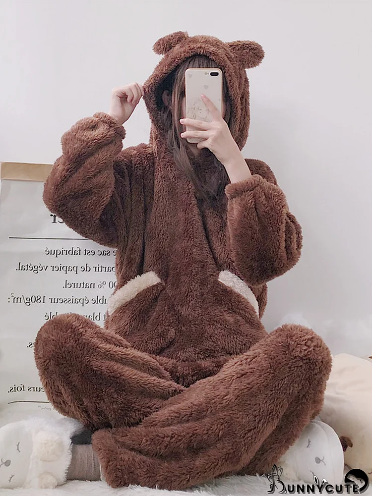 Women Bear Plush Hooded Pajama Set
