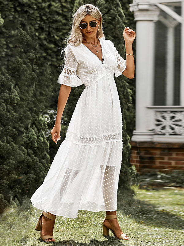 Vacation Puff Sleeves A-Line Solid Dress