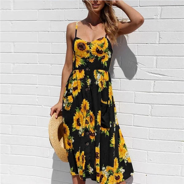 Casual Vintage Sundress Female Beach Dress Midi Button Backless Polka Dot Striped Women Dress Summer 2020Sexy Strap Floral Dress
