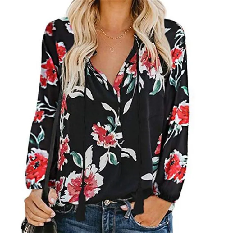 Churchf Churchf Autumn Floral Print Big V-Neck Long Sleeve Shirt Loose Rope Shirt Jacket Female