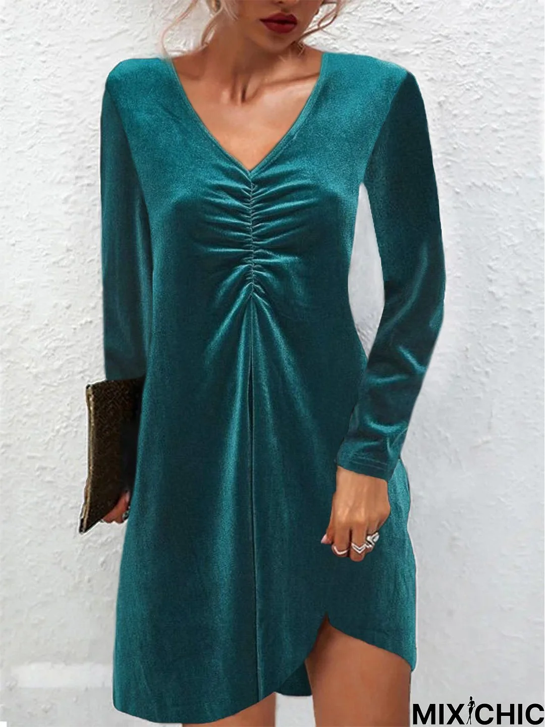 Party Velvet Long V neck sleeve Tunic Dress