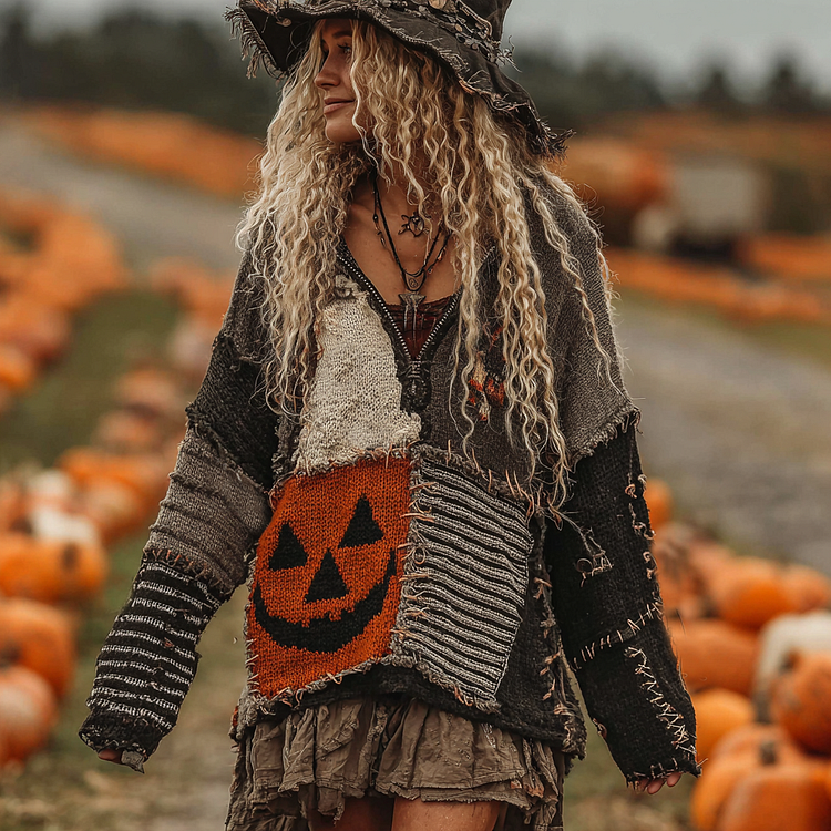 Halloween Face With Striped Art Cozy Knit Zipped Sweater