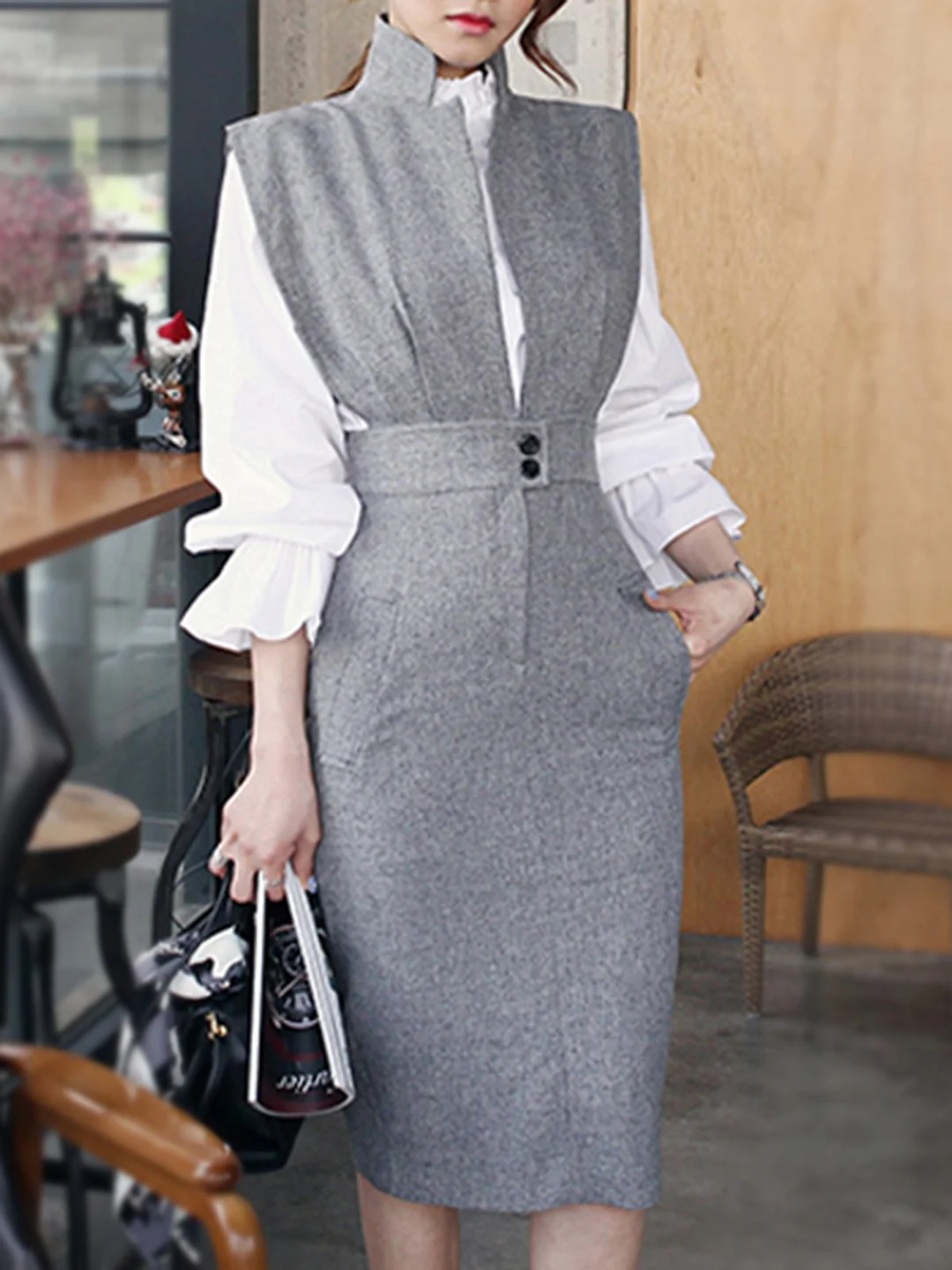 Stand Collar Gray Bodycon Work Elegant Midi Dress