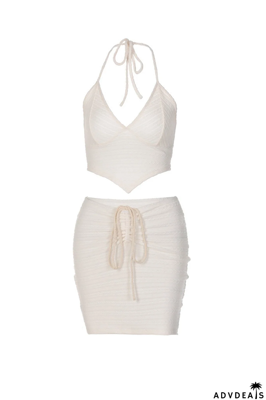 V Neck Halter Crop Top Drawstring Ruched Skirt Suits