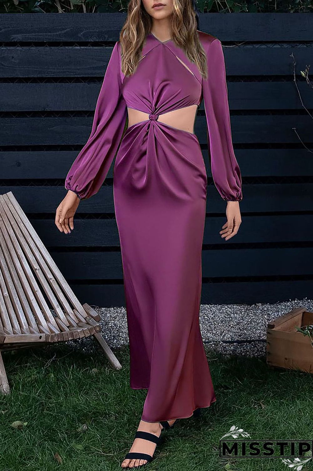 Purple Casual Solid Hollowed Out Patchwork O Neck Straight Dresses