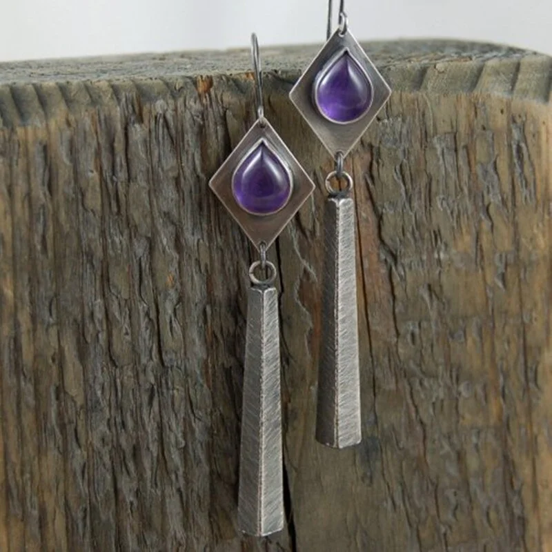 Vintage Boho Extra Long Hand Inlaid Water Drop Amethyst Stone Earrings Hanging Silver Color Women's Wedding Jewelry Earring