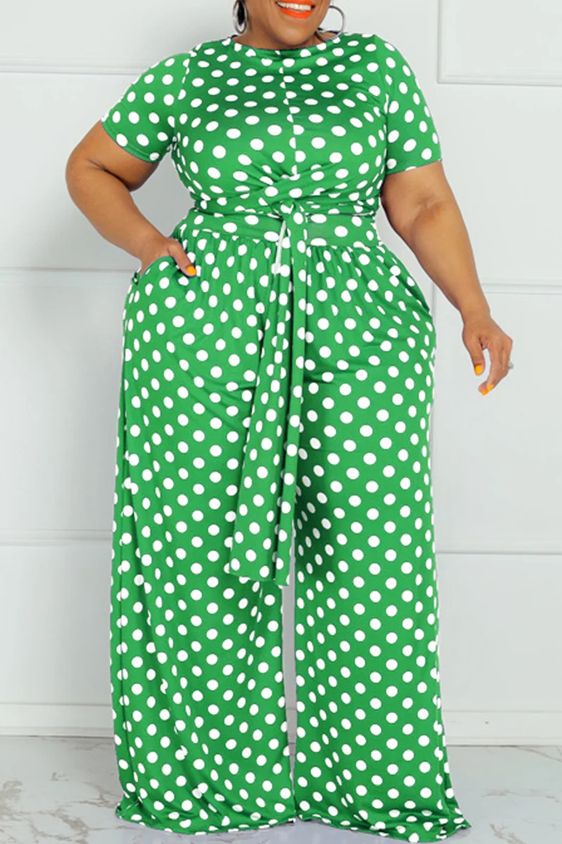 Green Fashion Casual Dot Print Bandage O Neck Plus Size Two Pieces | EGEMISS