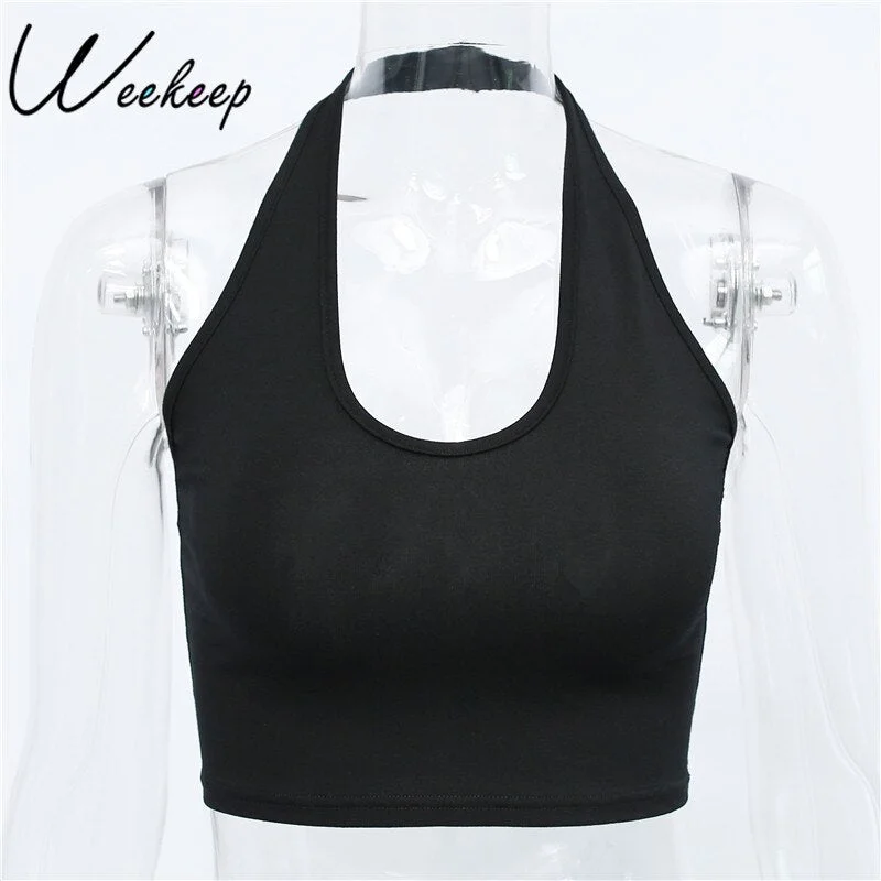 Weekeep Fashion Halter Women Tank Top Knitted Solid Backless Sleeveless Crop Top Summer Fitness Cropped Vest White Basic Tee New