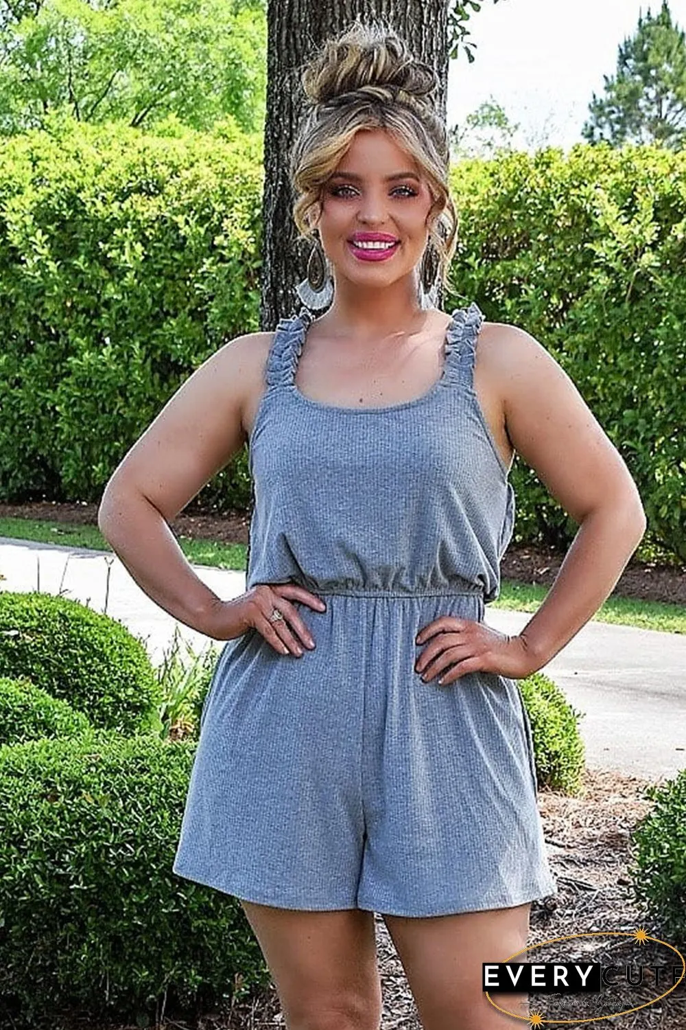 Gray Knit Frill Sleeveless U-Neck Romper