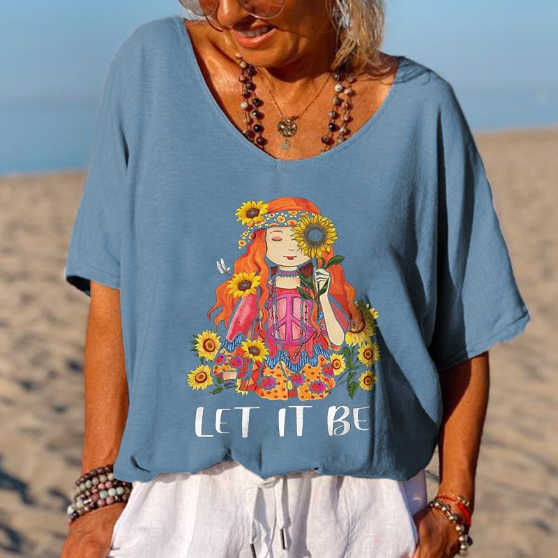 Fashion Girl Let It Be Printed Hippie V-neck T-shirt