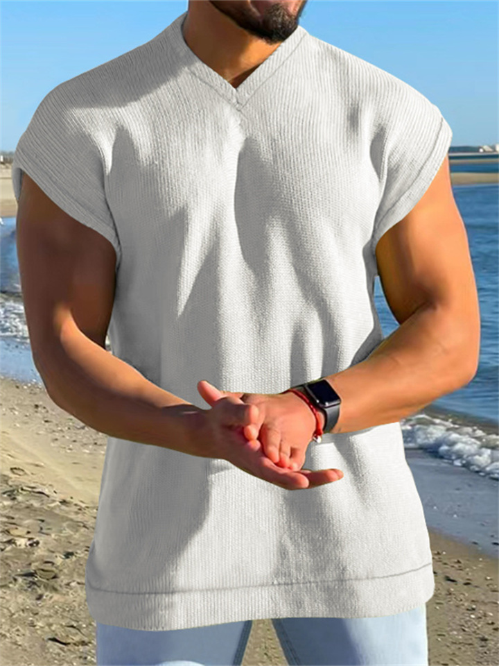 Summer V-neck Solid Color Casual Men's Undershirt Sleeveless Waffle Men's Sleeveless T-shirt