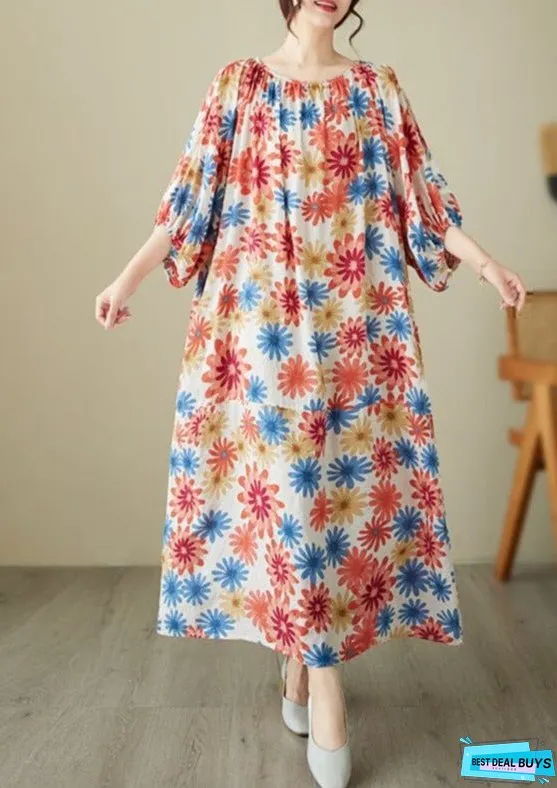 Women Casual Summer Retro Floral Print Dress Half Sleeve
