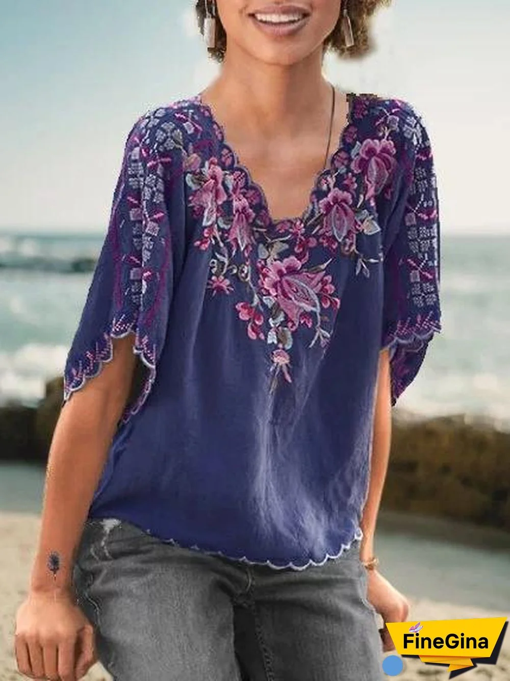 Casual Floral-Embroidered V Neck Shirts & Tops