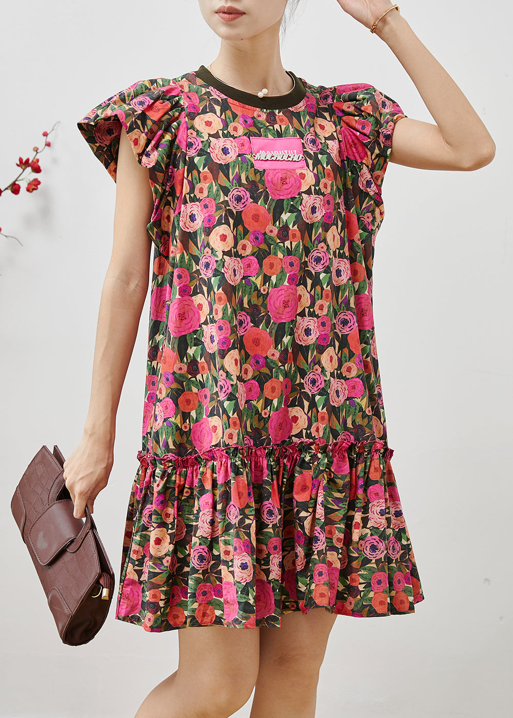 VCSHOES Rose Floral Cotton Mini Dresses Petal Sleeve