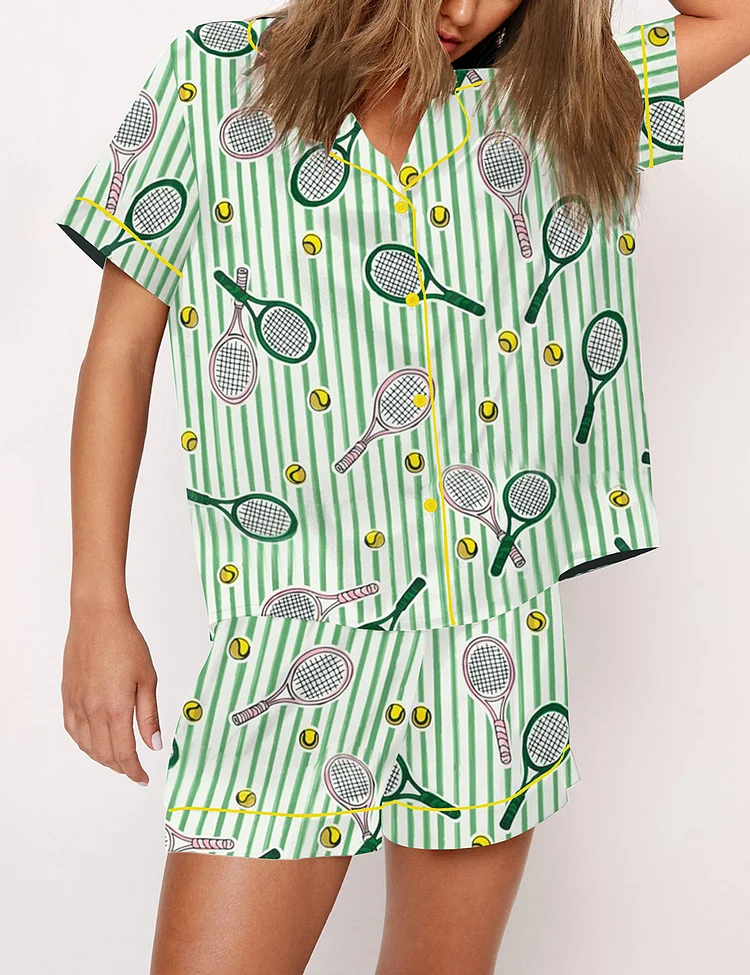 Women’s Let's Play Tennis Green and Pink Short Sleeve Satin Pajama Set