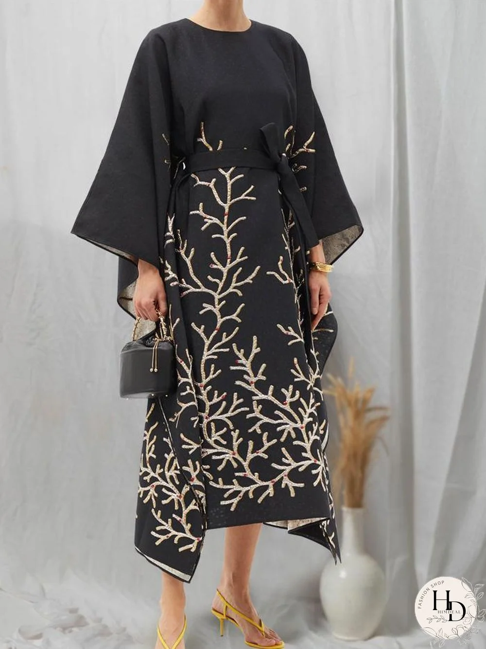 Daily Printed Long Sleeve Belted Dress