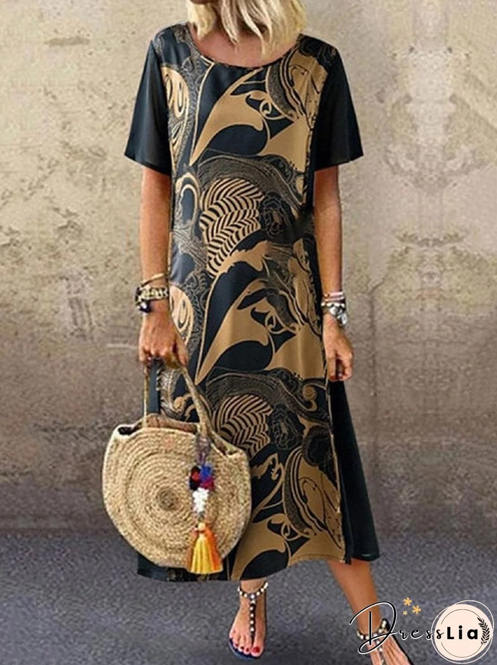 Vintage Printed Short Sleeve Round Neck Midi Dress