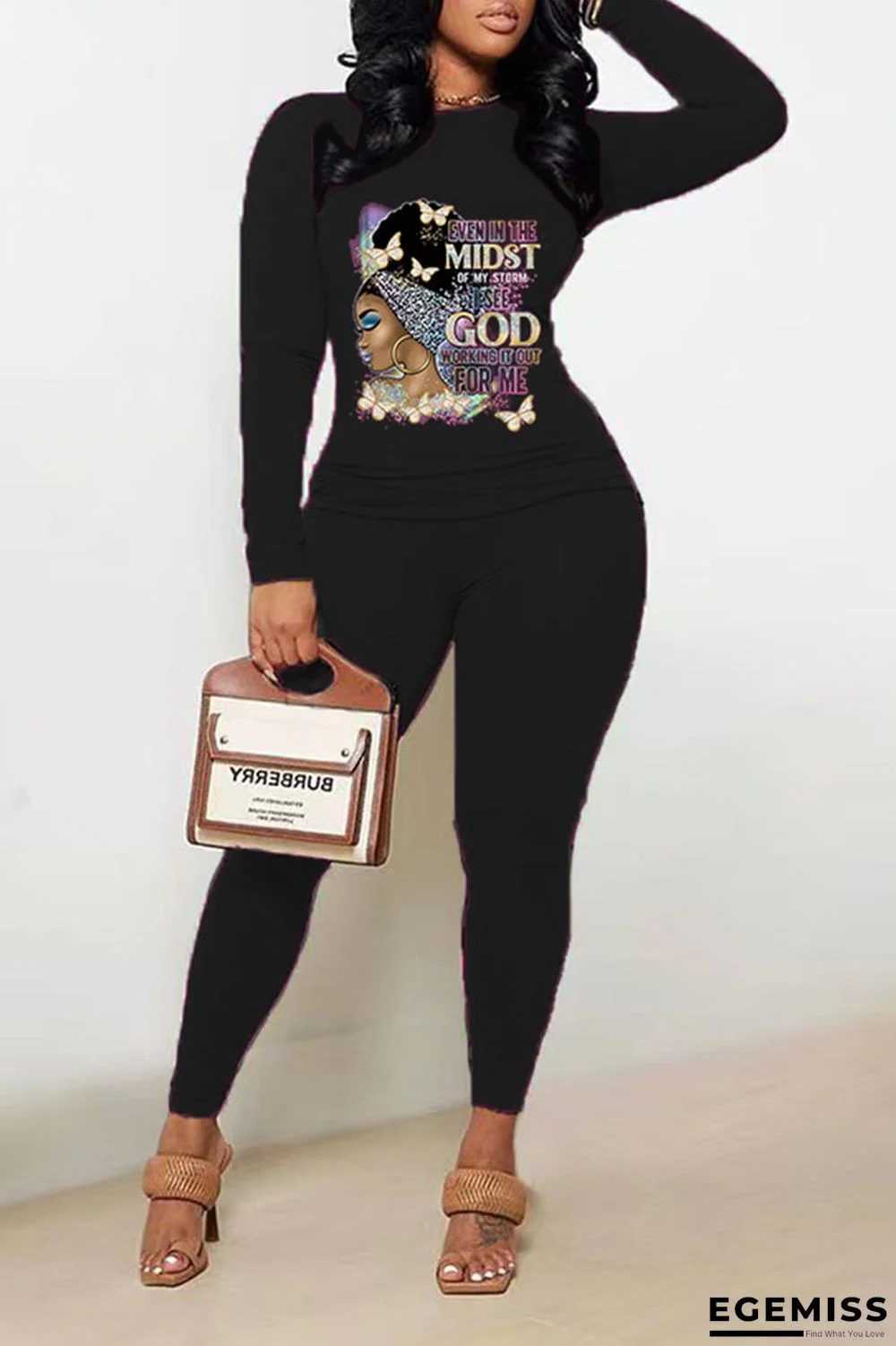 Black Casual Print Patchwork O Neck Long Sleeve Two Pieces | EGEMISS