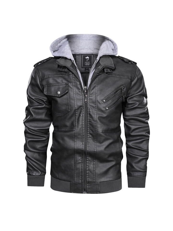 Autumn and Winter Men's Solid Color Casual Hooded Zipper Men's Leather Jacket Lapel Coat Large Size Men's Fashion Trend Jacket