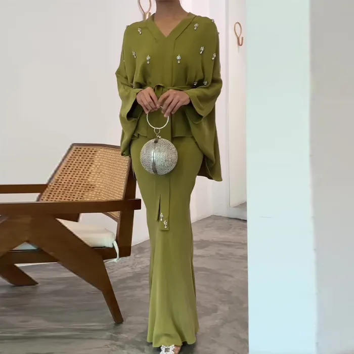 Women's Fashion Casual Solid Color Lace-up Waist Top Temperament Fishtail Hip Skirt Set