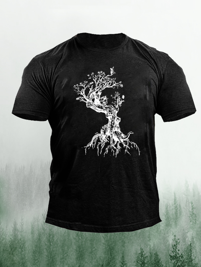 Men's Animal Tree Graphic Printed Cotton Cozy Short-sleeved T-shirt