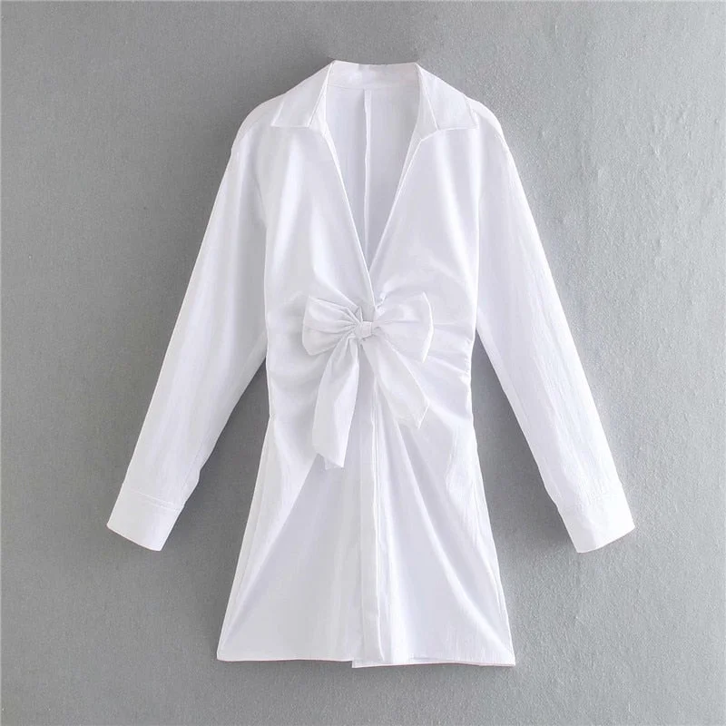 Snican White V Neck Long Sleeve High Waist Sashes Dress Spring Fashion Bow Tie Mini Dresses Vintage Ladies Blazer Robe Za 2021