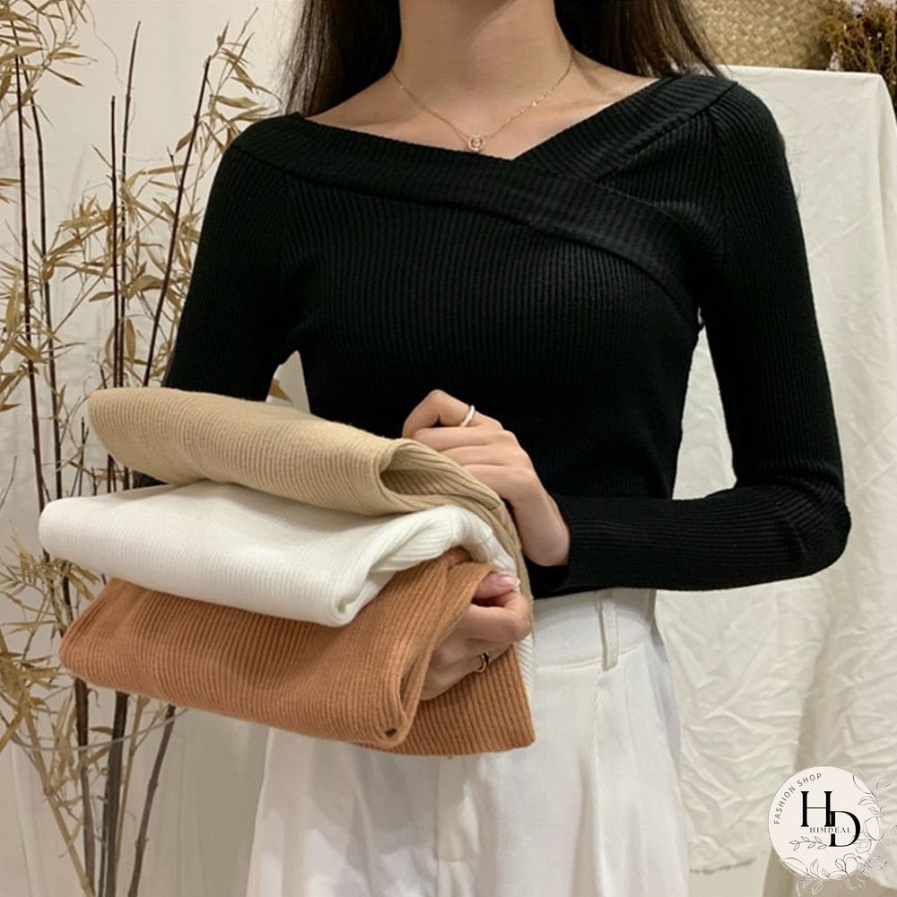 Christmas Gift Womens Sexy Knit Sweater Solid Color Fashion Neck Cross Front Slim Jumper