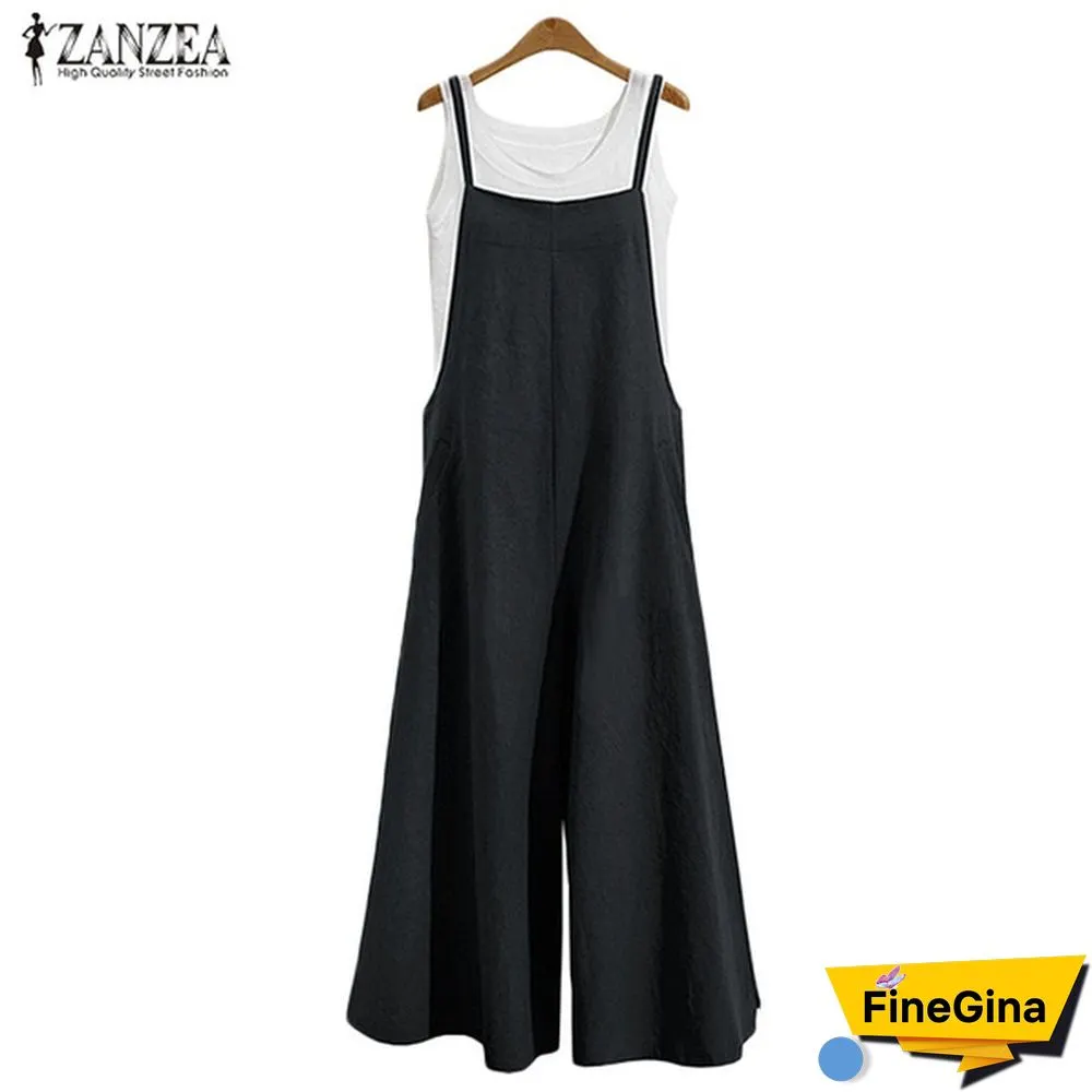 ZANZEA Summer Women Cotton Loose Strappy Romper Long Pants Wide Legs Jumpsuit Pure Color Plus