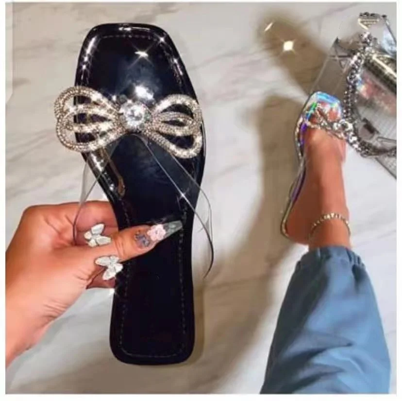 Qengg Women's Sandals Shiny Rhinestone Strip Ladies Summer Shoes 2022 Bling Sexy Beach Woman Outside Wear Slides Summer Women Shoes