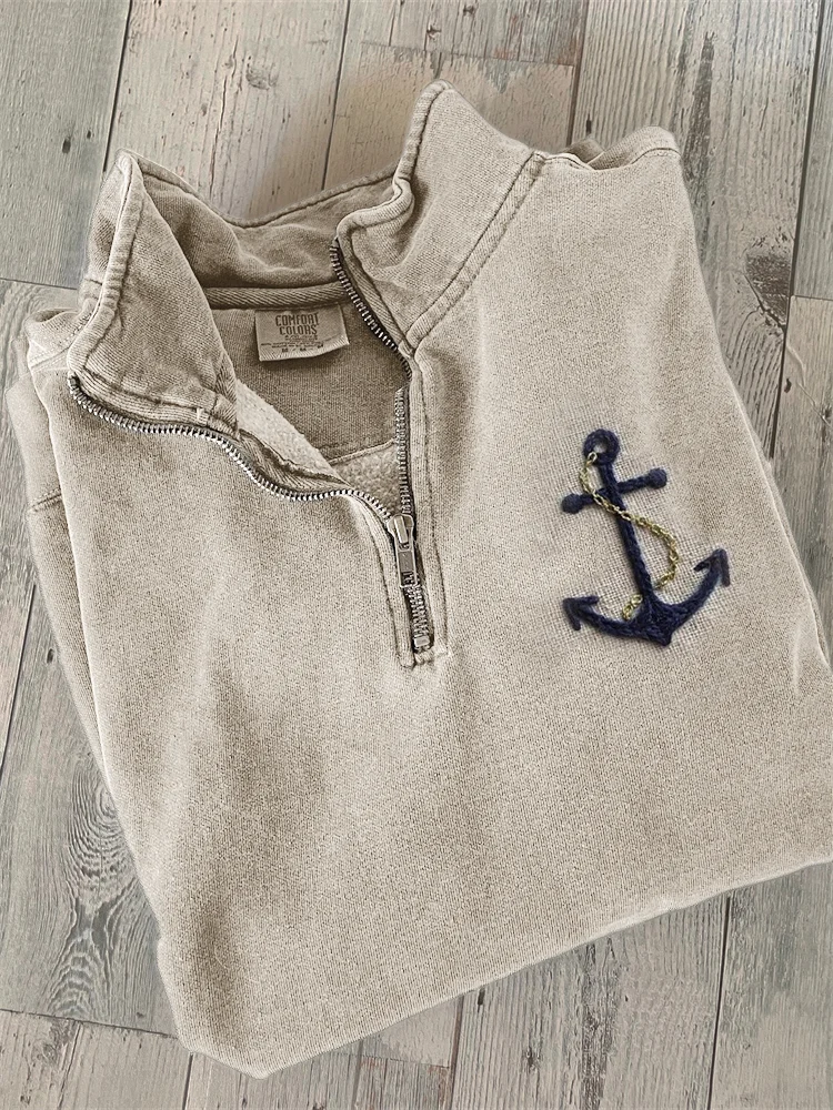 Sailor Anchor Embroidery Art Zip Up Sweatshirt