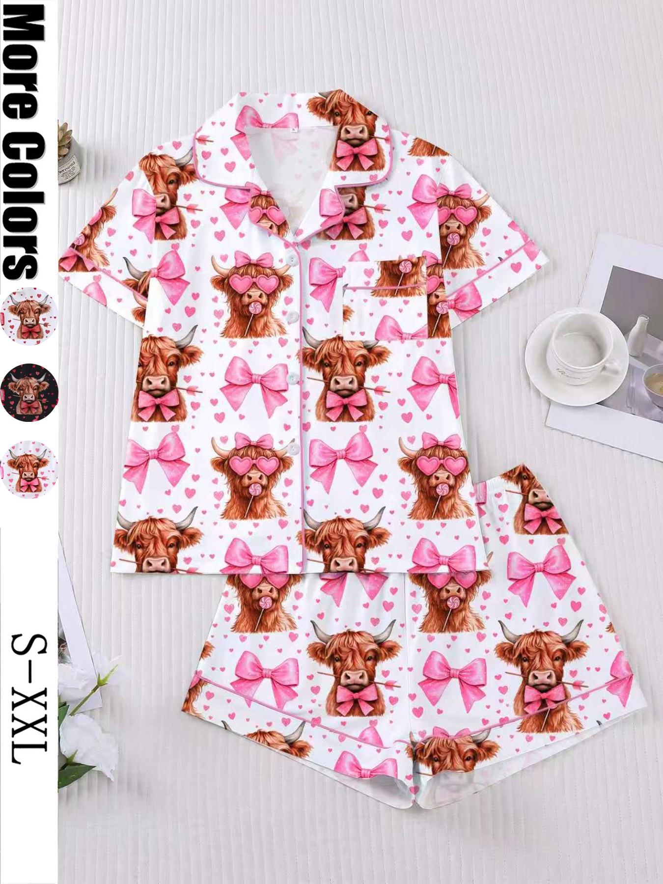 Women's Sleepwear Set, Pajama Set, Pjs, Short Sleeve Button-Up Top & Elastic Shorts, Soft Fitted Design, All-Season Comfortable Homewear, Lady Loungewear, Heart