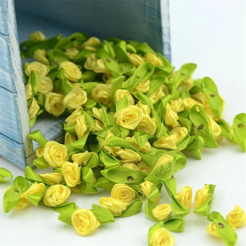 100pcs Mini Satin Ribbon Flower Silk Rose head Ribbon DIY Wedding Bow Appliques Craft Sewing Clothing Accessories  Decoration