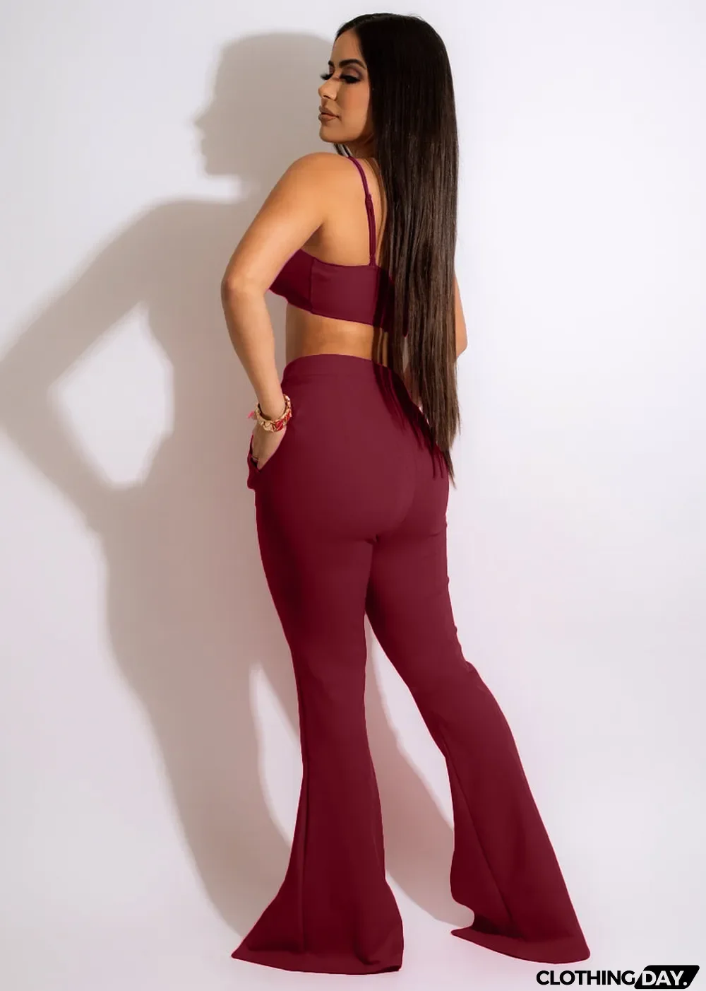 High Waist Solid Flare Slit Trousers