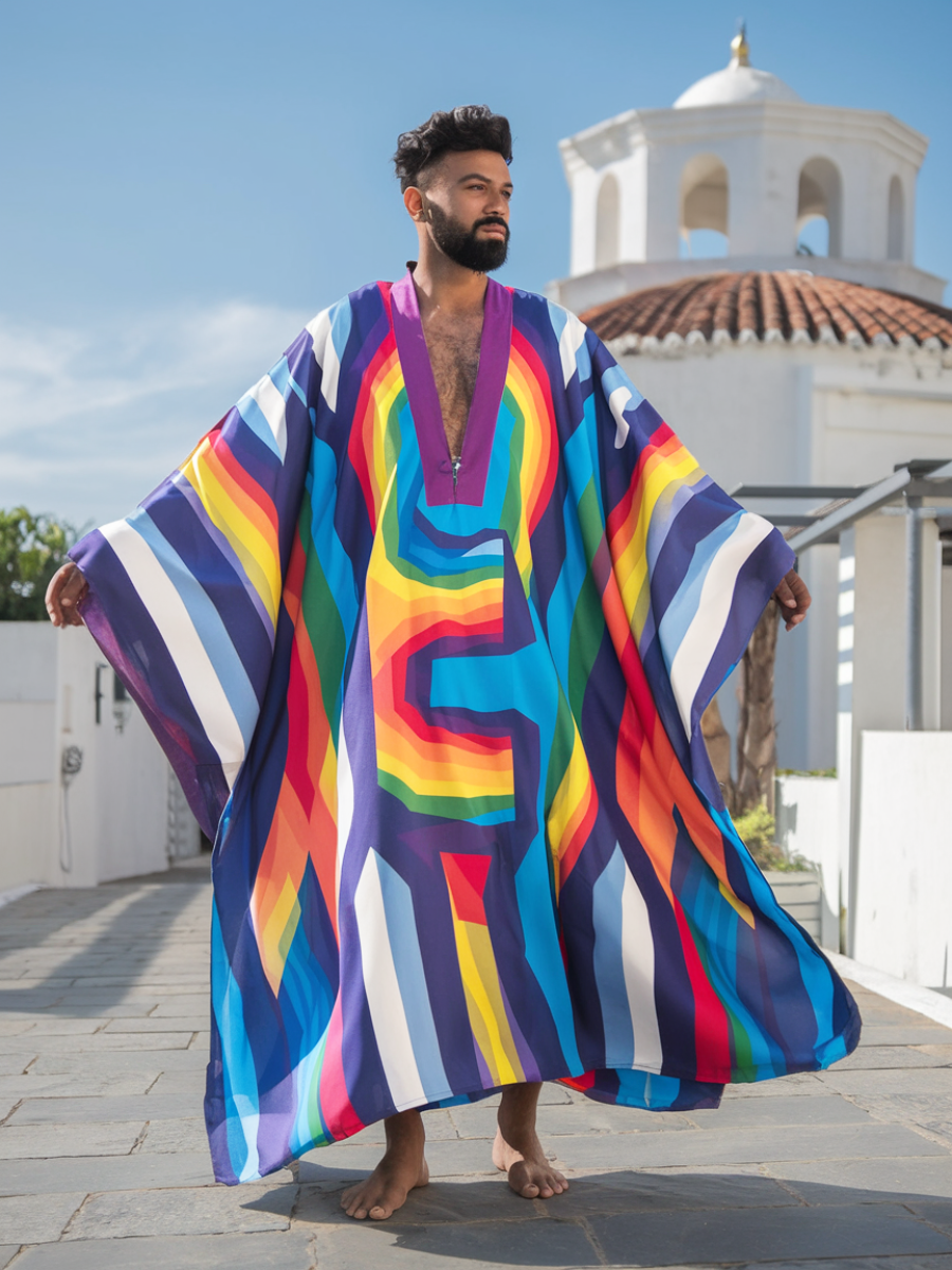 Men's Rainbow Polyester V Neck Robe