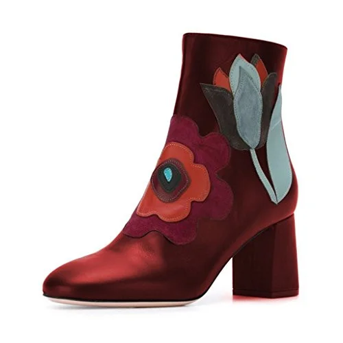 Bottes chevilles à talon carré avec broderie florale bordeaux Flusfy