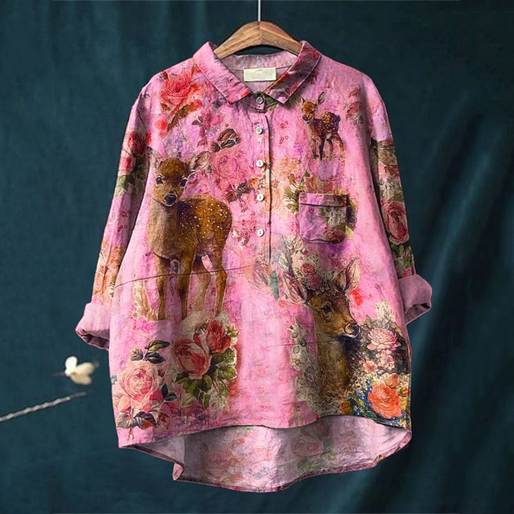 Vintage Deer Flower Print Loose Shirt