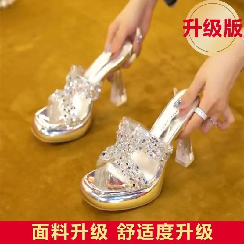 Breakj Breakj Korea's Small Thick-Bottomed One-Word Drag Woman Wearing Transparent Cool Slippers In The Summer Of 2025 Thick Heel High Heels