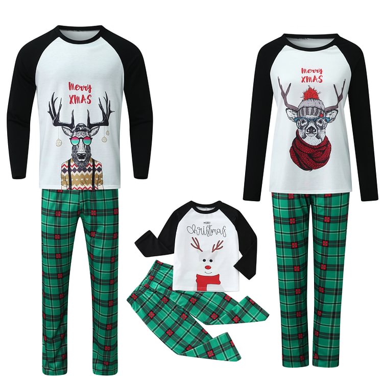 Reindeer Green Plaid Family Matching Christmas Pajamas Sets