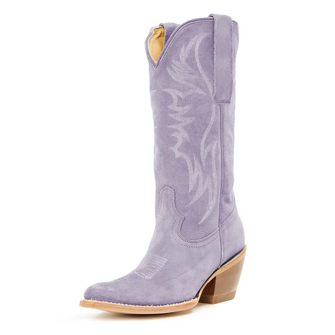 Pointed Toe Embroidered Western Boots for Women in Light Purple