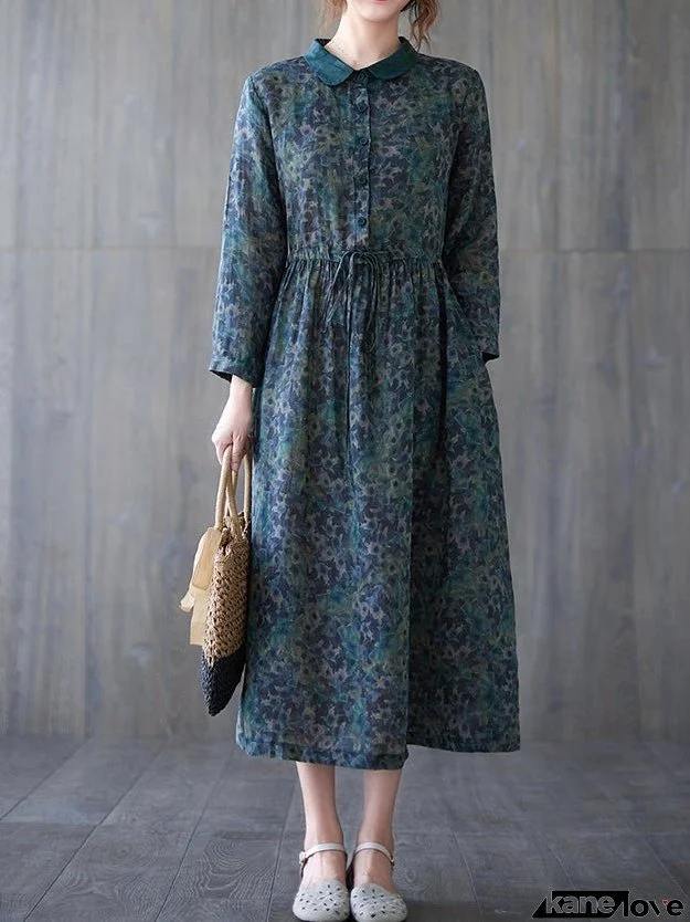 Vintage Print Button Elastic Waist Long Sleeve Dress
